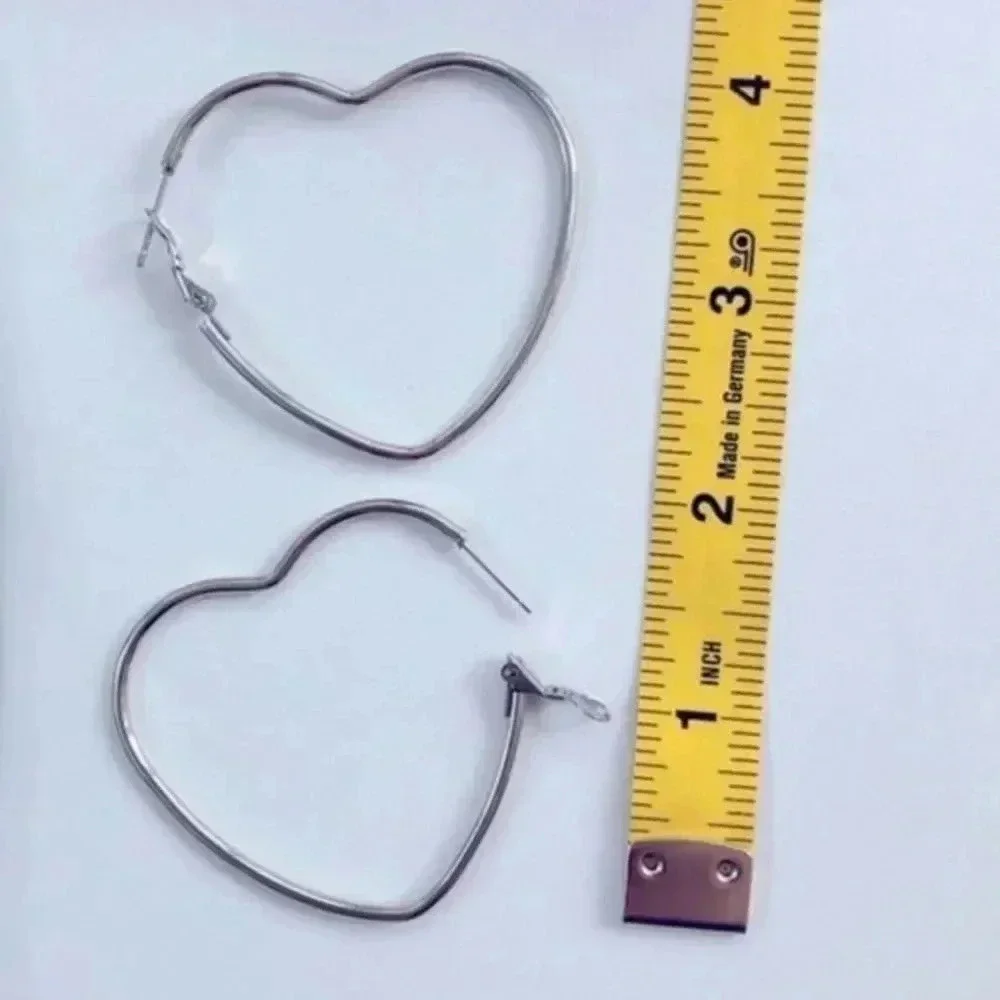 Silver Stainless Steel Large Heart Shaped Hoop Earrings NWT